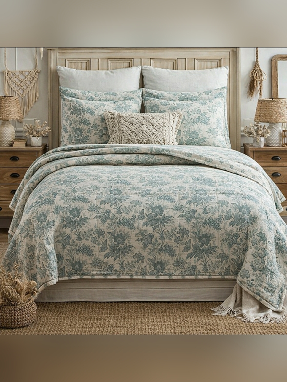 Boho Chic Cottagecore Farmhouse Cotton Green Floral King Quilt 3 Piece Set New